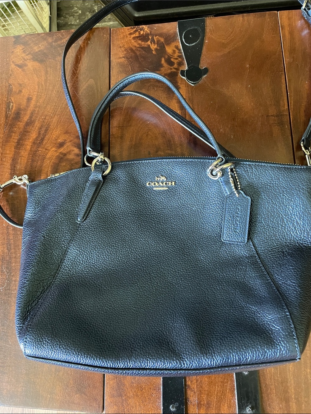 Coach Blue Metallic Kelsey Pebbled Leather Bag with Gold Accents